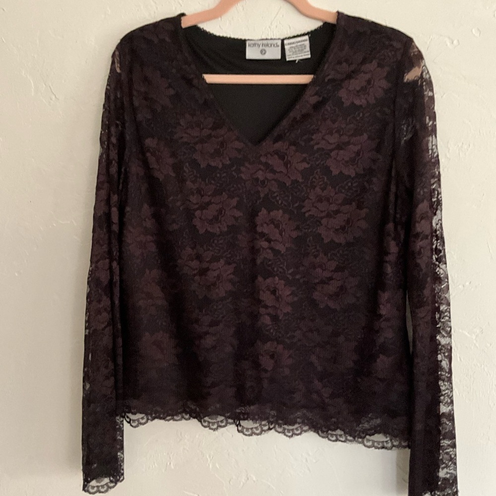 Kathy Ireland Black Floral Lace Long Sleeve Top Large